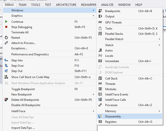 Go to DEBUG ➙ WINDOWS ➙ DISASSEMBLY